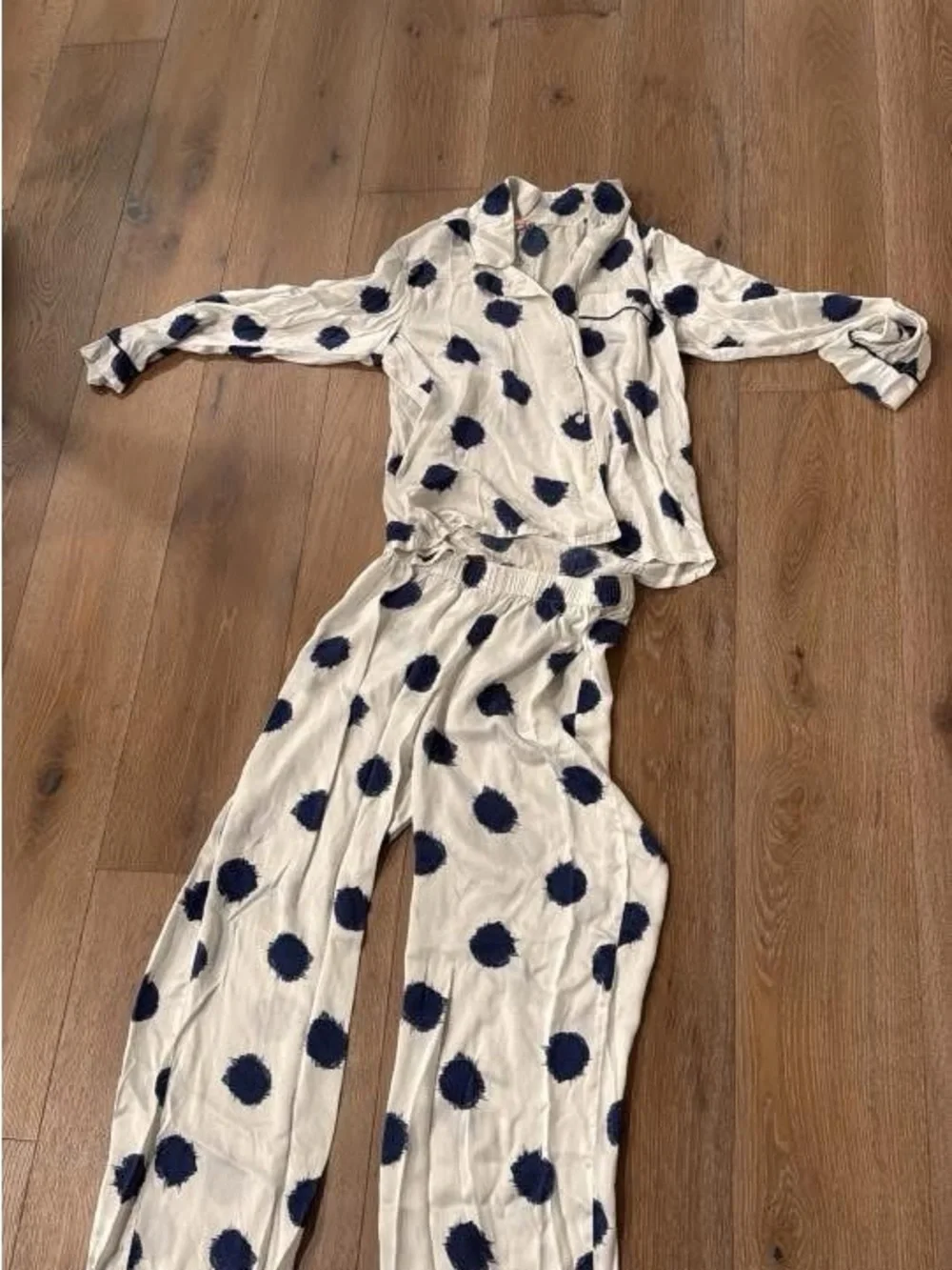 Eberjey Washable Silk Cream Pajama Set with Navy Polka Dot Print